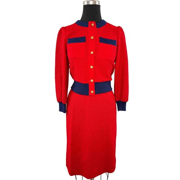 VINTAGE Leslie Fay Red Navy Cardigan Sweater Skirt Set Tweed Front Button Sz 4P - Picture 1 of 7